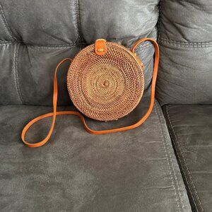 Round Rattan Crossbody Bag With Leather Strap & Snap Closure By Street Level